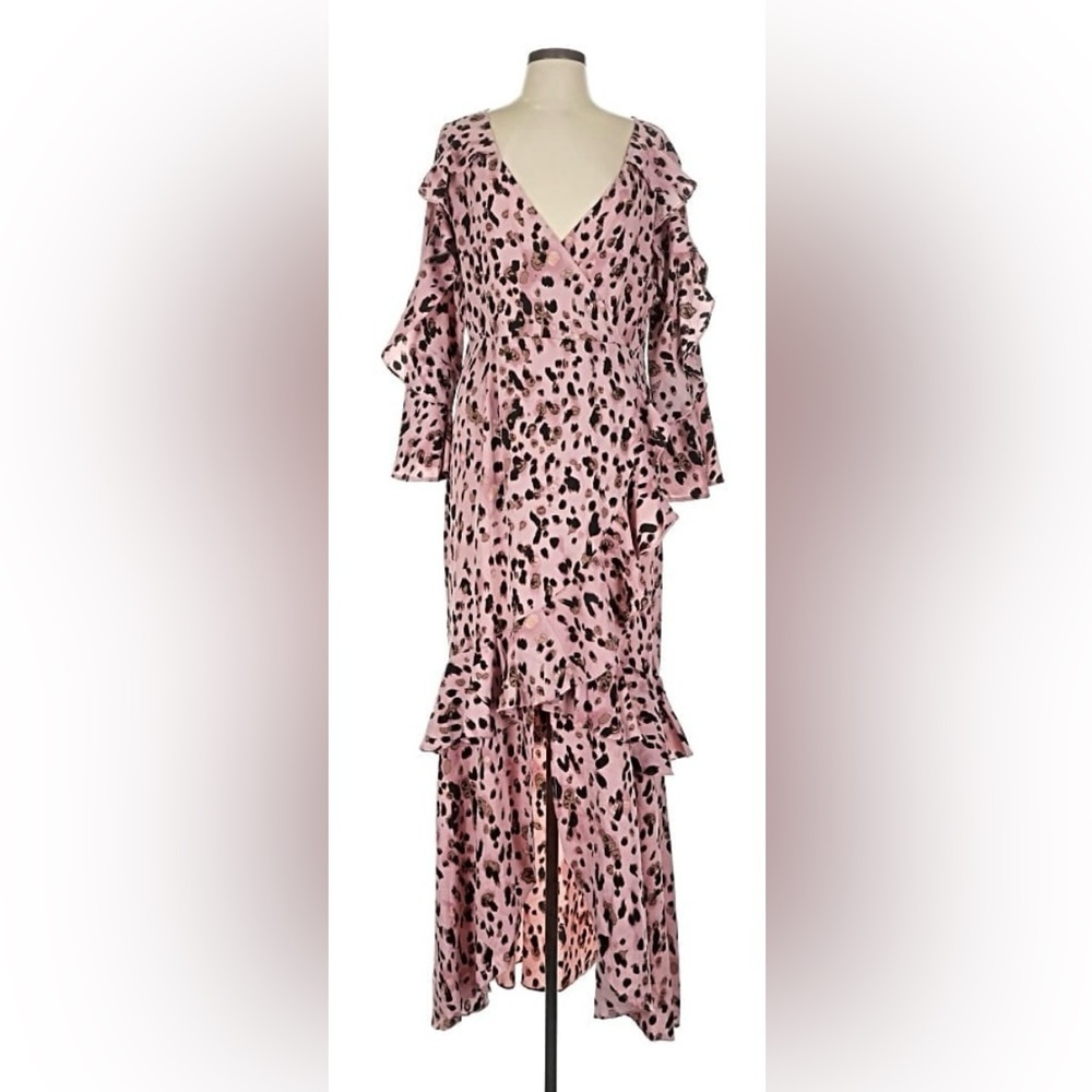 Nasty Gal Pink Black Leopard Animal Print Maxi Dress Ruffled Vneck US 12 Twelve